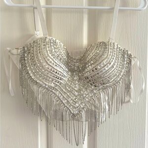 White and silver corset top with sequin and beads for bachelorette, bars, party